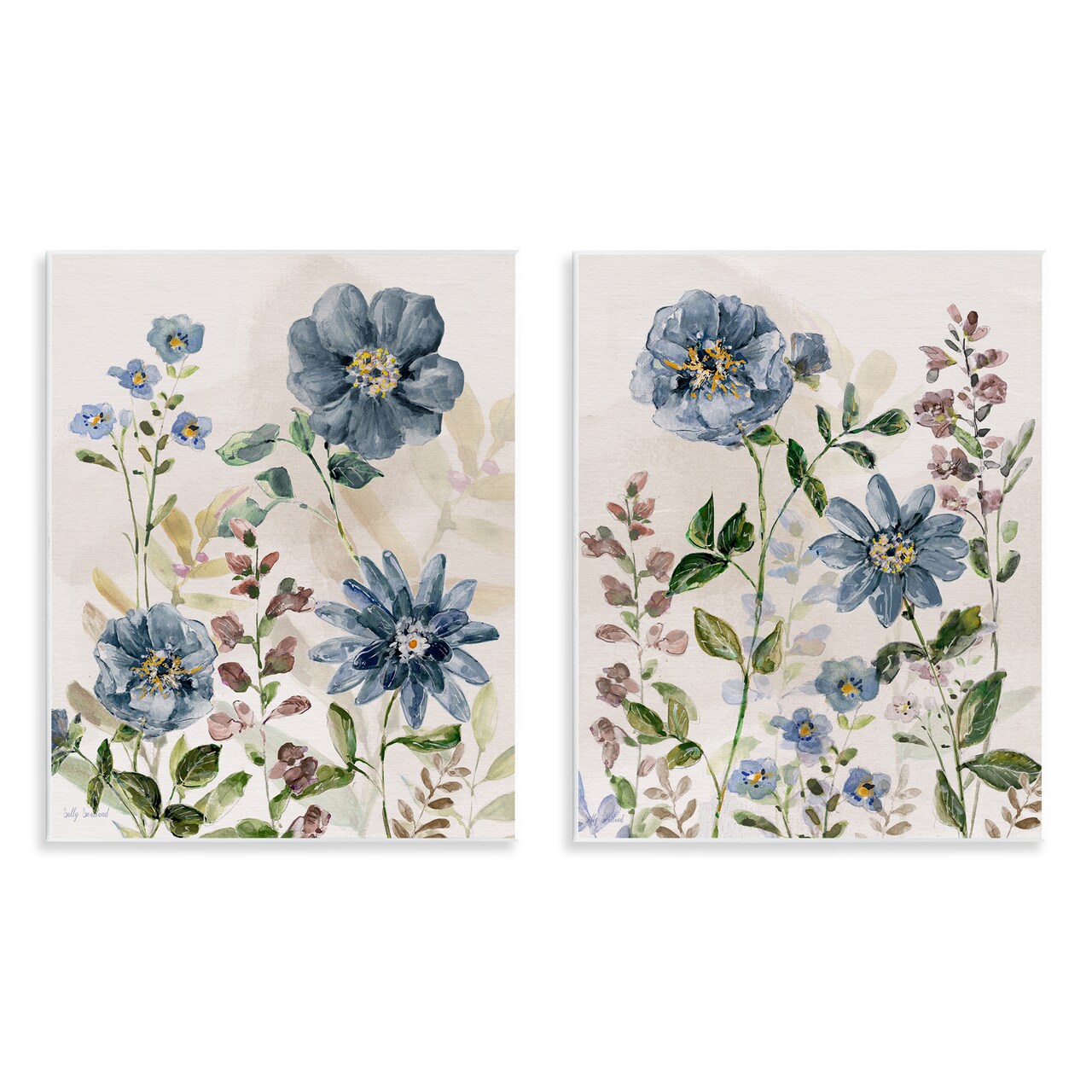 Stupell Industries Blushing Blue Flowers 2pc Wall Plaque Set By Sally Swatland
